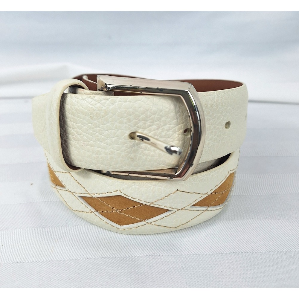 Brighton Cream Tan Diamond Cutout‎ Leather Belt Silver Buckle Womens 38